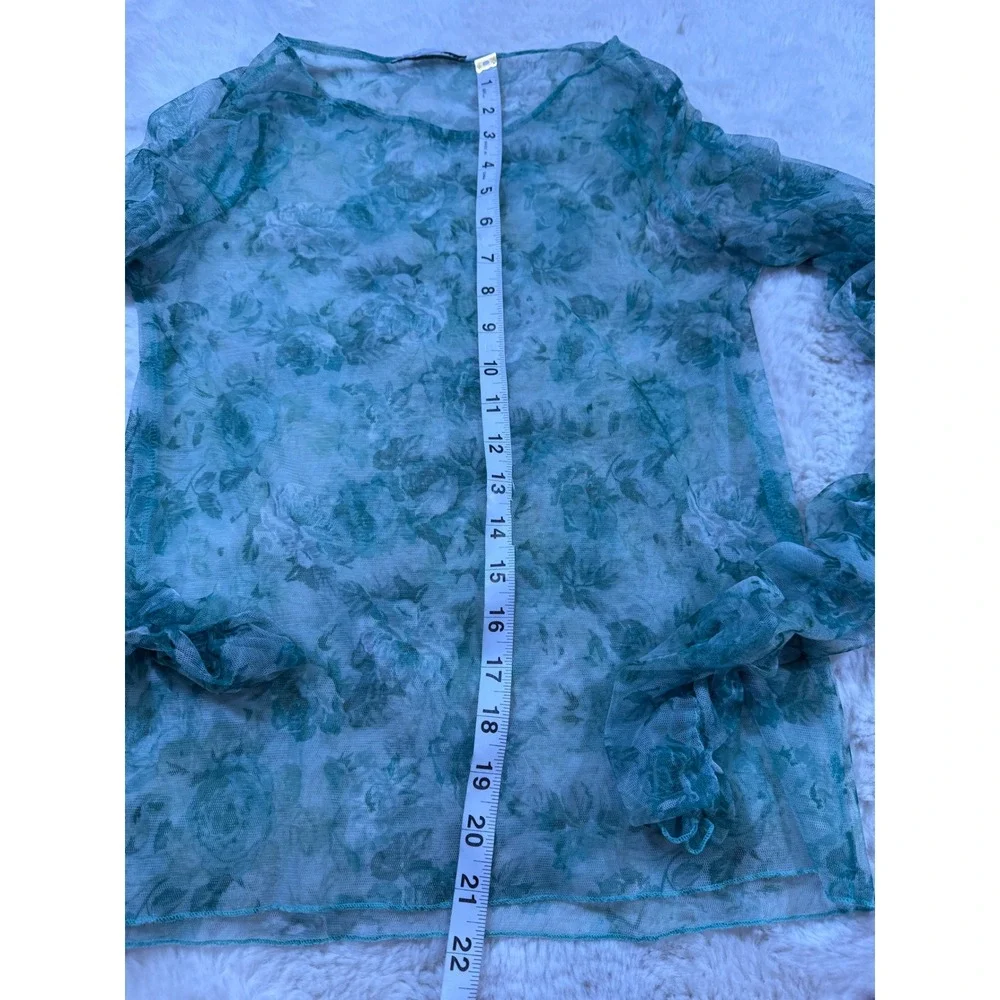 Zara Mesh Top Green Floral Ruched Sleeve Sheer Fairycore Whimsigoth Festival S